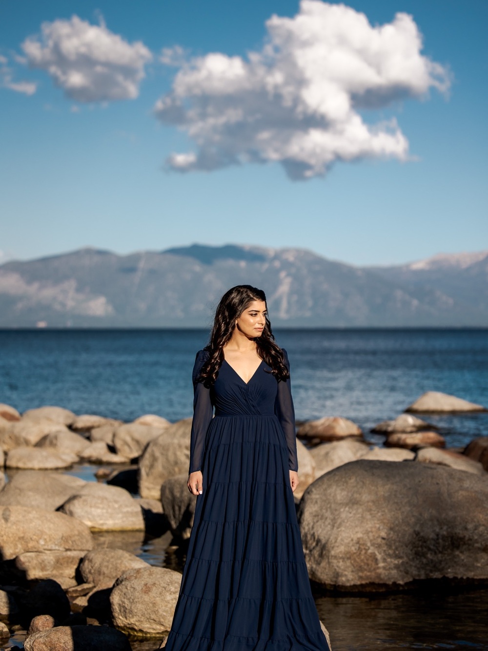 Mac Duggal Ieena Navy Long Sleeve Chiffon Tiered Gown – Size 8